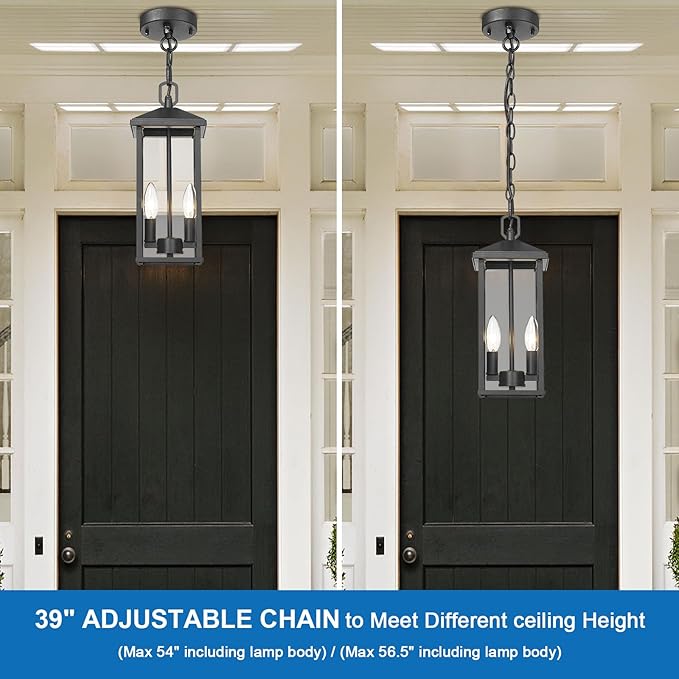 Outdoor Pendant Light for Porch Chandelier Outdoor Pendant Lights 2-Light with Clear Glass, Dusk to Dawn Modern Hanging Porch Lights Exterior Hanging Light Fixture for Patio Gazebo