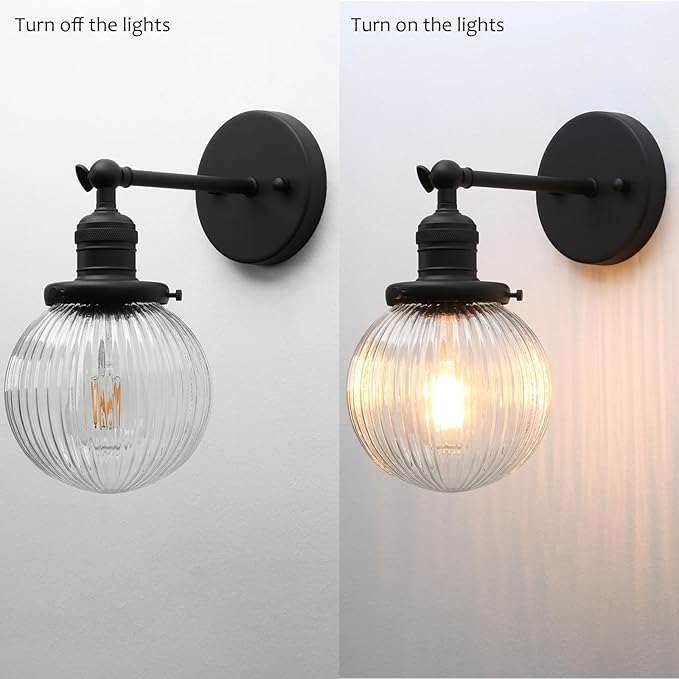 Phansthy 1-Light Wall Sconce, Brass Boho Bathroom Vanity Light, Modern Wall Light with Globe Glass Shade E26 Base, Adjustable Wall Lighting Fixtures for Bedroom, Living Room (Black, Striped Shade)