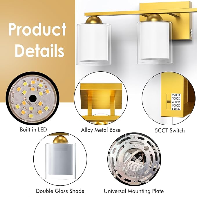 Quntis Gold Bathroom Light Fixtures, 3 Light Modern Vanity Lights Over Mirror, 5 Colors & Stepless Dimmable LED Bathroom Lighting with Milk White Frosted Glass, 16 Inch (Bulbs Included)