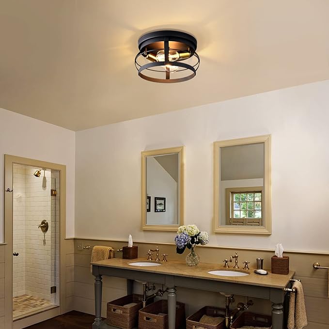 2-Light Farmhouse Flush Mount Ceiling Light,Modern Black Vintage Rustic Industrial Light Fixtures for Kitchen Dining Room Bedroom Hallway Foyer Entryway.
