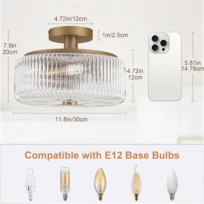 11.8 Inch Gold Semi Flush Mount Ceiling Light, 3-Light Hallway Light Fixture with Seeded Glass Shade, Mid-Century Modern Ceiling Light for Kitchen, Entryway, Foyer, Passage