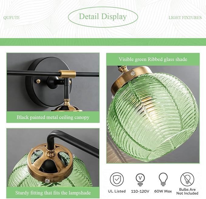 Modern Vanity Light Bathroom 4-Light Fixtures Vintage Wall Lamp Emerald Green Glass Globe Shade Over Mirror Vanity Wall Lights Indoor Deco Lighting Fixture for Mirror Kitchen Cabinet