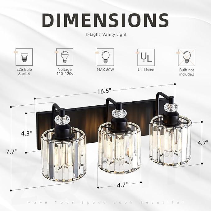 3-Light Black Bathroom Light Fixtures Over Mirror Modern Vanity Lights Crystal Wall Sconce Vintage Bathroom Lighting with Crystal Shade E26 Base for Bedroom, Living Room, Hallway