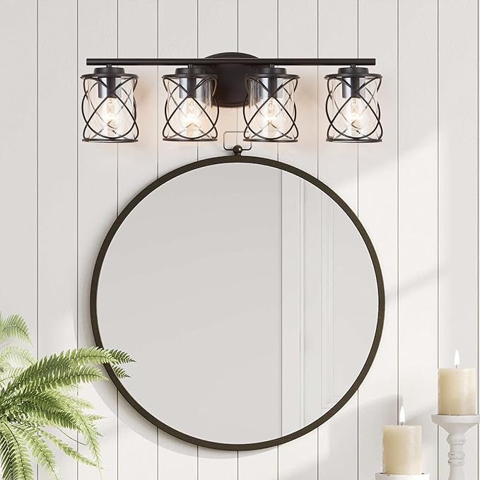 mavcadonf Bathroom Vanity Light Fixtures Over Mirror, 4 Lights Modern Bathroom Wall Lamp for Mirror Kitchen Living Room Hallway Cabinet Porch, Farmhouse Wall Lights with Cage Shade, Matte Black