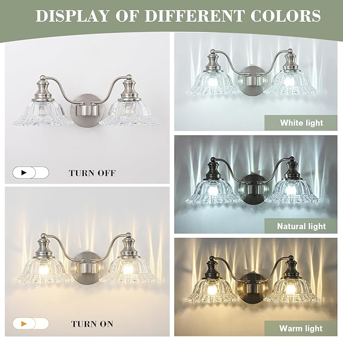 Brushed Nickel Bathroom Light Fixtures Over Mirror, 2 Light Vintage Bathroom Vanity Light Fixture with Clear Flower Glass Shades, Retro Vanity Lights for Bathroom, Bathroom Vanity Lights Over Mirror