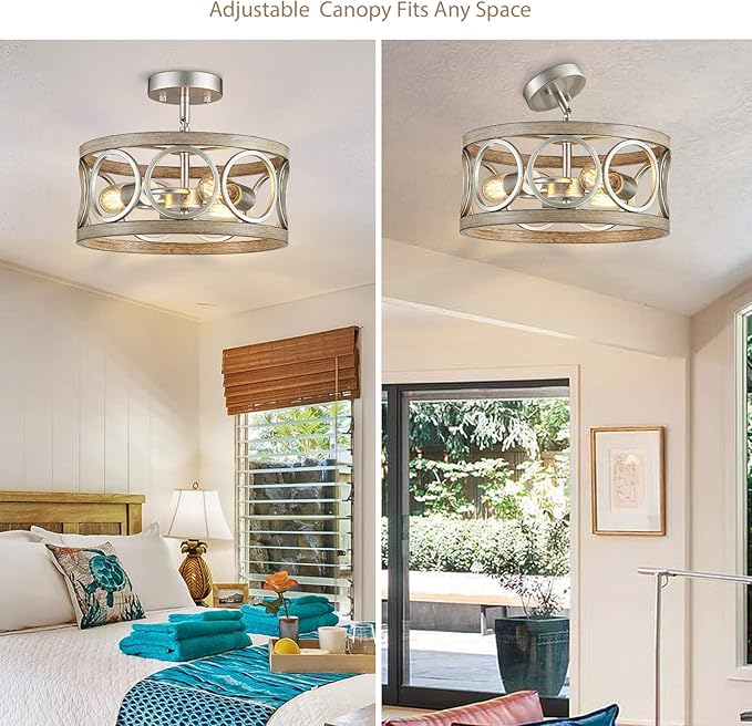 Farmhouse Ceiling Light Fixture, Drum Round Modern Semi Flush Mount Ceiling Light for Kitchen Bedroom Dining Living Room, 13" Metal Nickel and Wood Grain Chandeliers