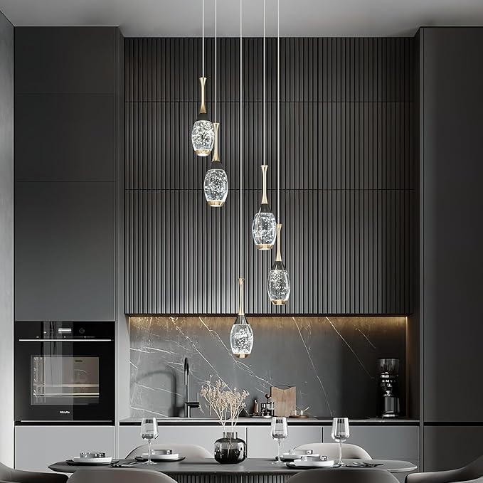 Modern Black Gold Pendant Light Dimmable LED Ceiling Light Fixtures Mini Teardrop Crystal Pendant Lighting for Kitchen Island Bedroom Hallway Entryway (5 Light，Champagne Gold)