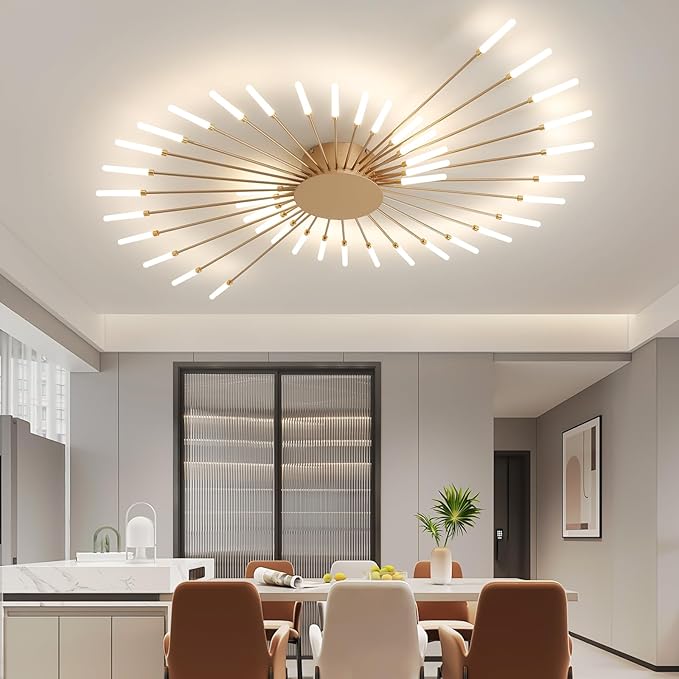 ziidoo Modern Ceiling Light, 42 Lights Metal Firework Designed Chic Led Lighting Fixture for Farmhouse Kitchen Dining Room Bedroom Hallway Living Room (Gold and Dark Gold)