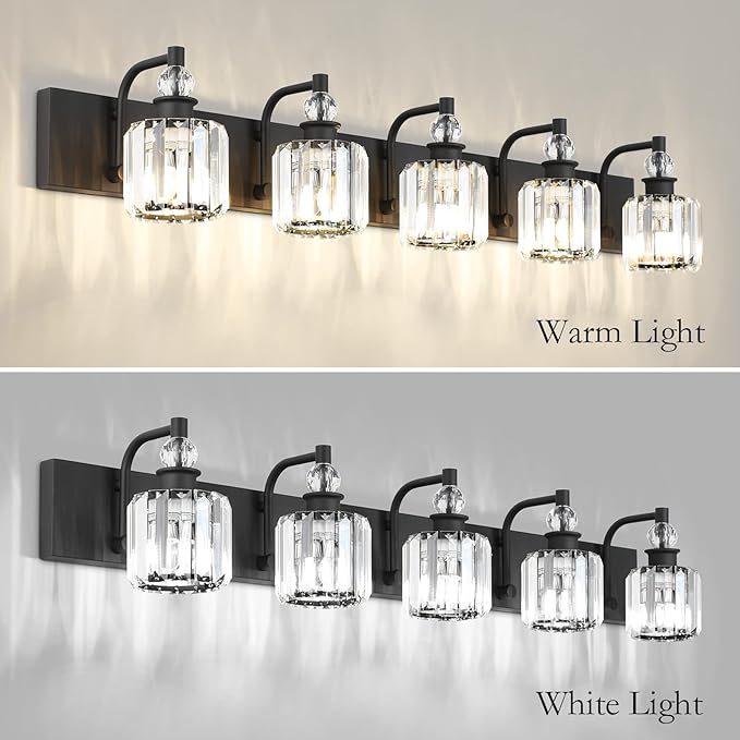 Ralbay Crystal Black Vanity Light Fixtures 5 Light Crystal Bathroom Light Fixtures Over Long Mirror Modern Matte Black Bath Wall Lights