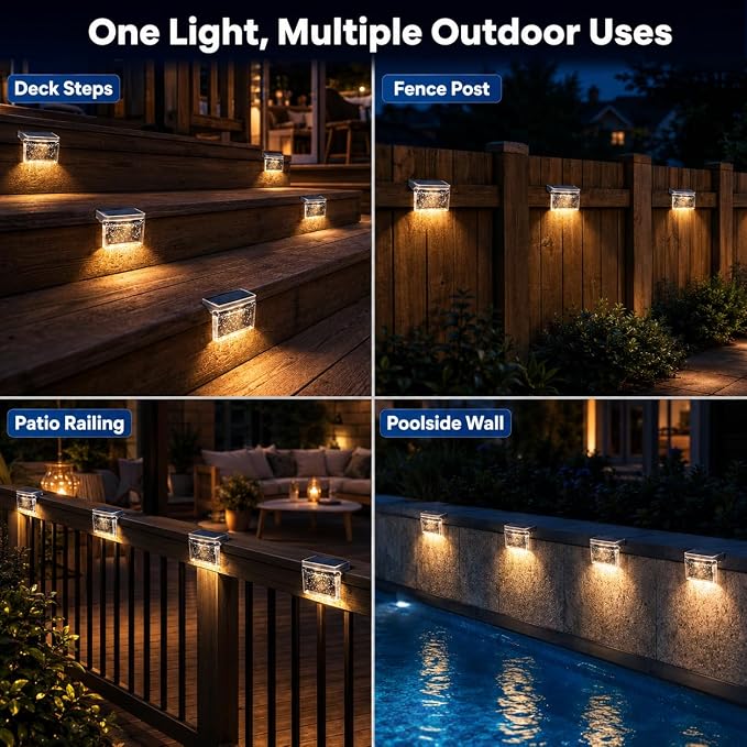 Qualdout Solar Deck Lights 8 Pack, IP65 Waterproof Solar Step Lights Outdoor, Warm White Solar Fence Lights with Crystal Acrylic Lens, Dusk to Dawn LED Lights for Stairs, Railing, Patio, Pool, Yard