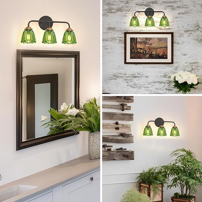 Vintage 3 Light Vanity Light, Black and Gold Bathroom Vanity Light, Bathroom Light Fixtures with Green Glass Shade, Antique Vanity Light Fixtures Over Mirror, Wall Sconce for Bedroom, Living Room