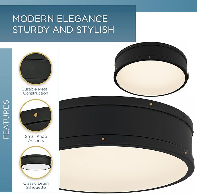 Ouoizel Ahoy Round Flush Mount Ceiling Light, 16 Inch Matte Black Drum Light with Metal Shade, 33 W LED, 2605 Lumens, Close to Ceiling Light Fixtures for Home, Kitchen or Office Lighting