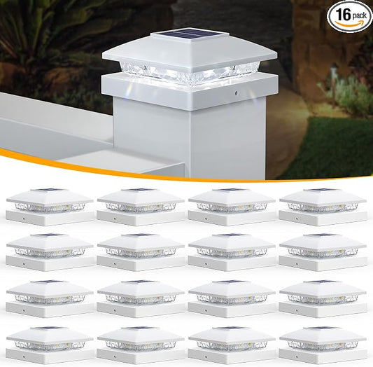 APONUO Solar Post Cap Lights for 4x4 5x5 Posts - IP64 Waterproof, 6500K LED, No-Wire Fence Lights & Deck Lights for Patio Garden Yard Patio, White-Cool White, 16 Pack
