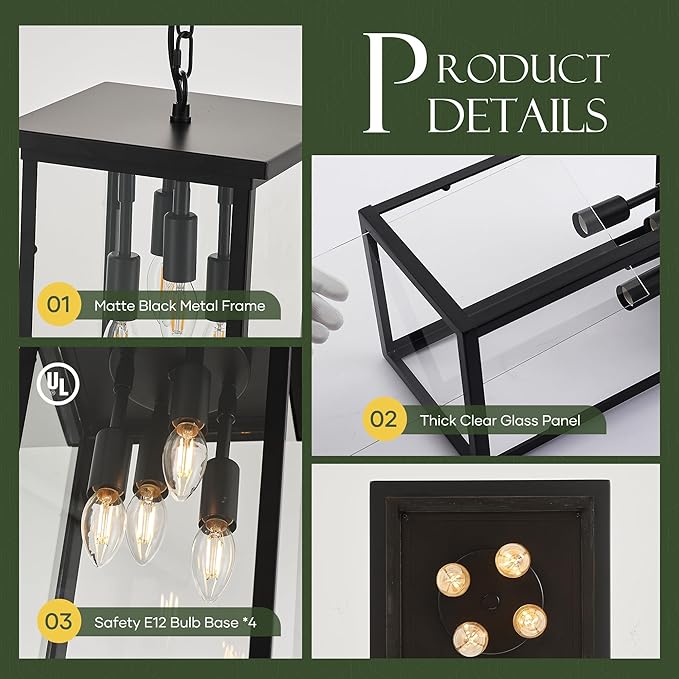 10" Modern 4-Light Exterior Black Square Lantern Pendant Light Fixture with Clear Glass Industrial Hanging Cage Chandelier for Outdoor Porch Kitchen Island Dining Room Hallway Entryway Foyer