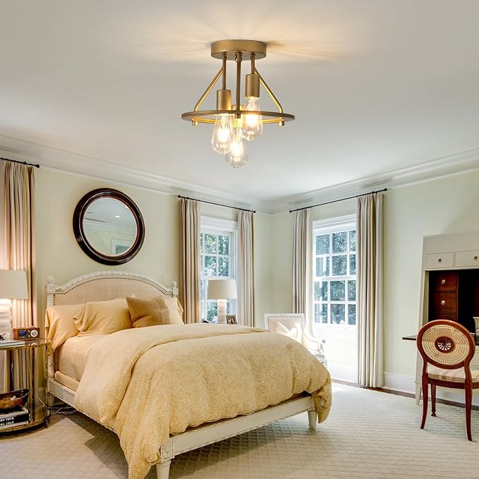 Gold 3-Light Semi Flush Mount Ceiling Light Fixture Metal Farmhouse Vintage Chandelier Circle Ceiling Lamp for Bathroom Kitchen Dining Room Laundry Room Foyer Closet Stairwell