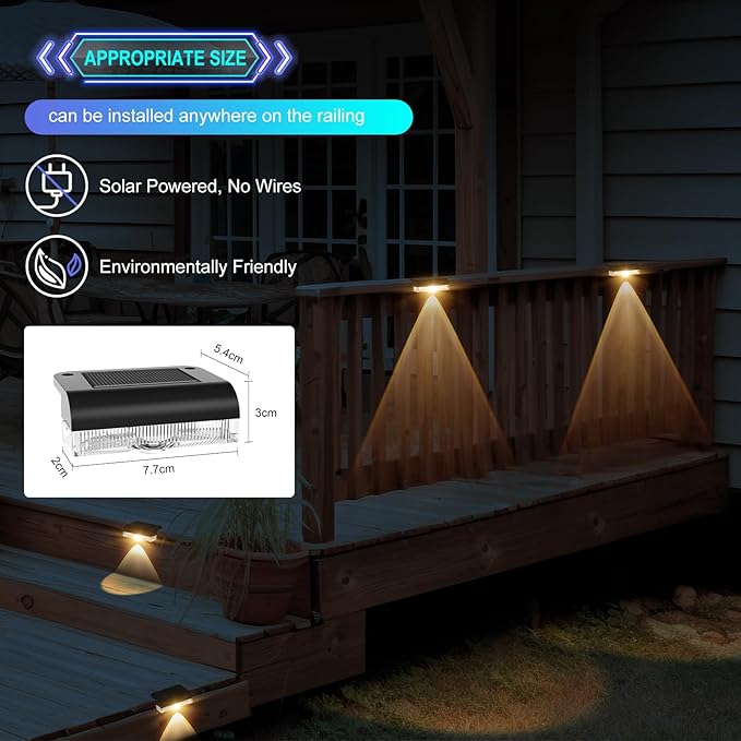 A.bigwhale Solar Fence Lights Outdoor, LED Solar Deck Light Waterproof, 8 Pack Balcony Lights Outside Solar Powered for Outdoor Stairs, Step, Railing, Yard, Patio Decor, Warm White