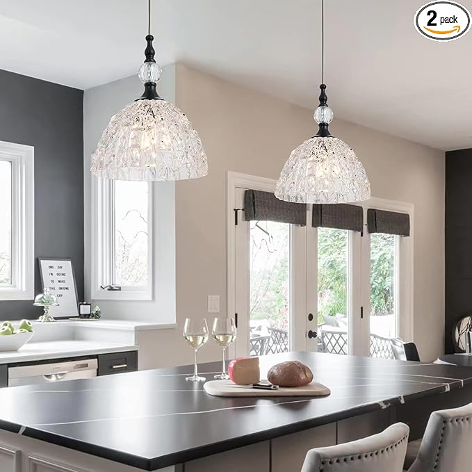 Modern Black and Glass Pendant Light 7.68 in Globe Kitchen Island Lighting Fixture with K9 Crystal Vintage Small Dining Room Light Fixture Lamparas De Techo Modernas Colgantes Para Sala Comedor 2 Pack