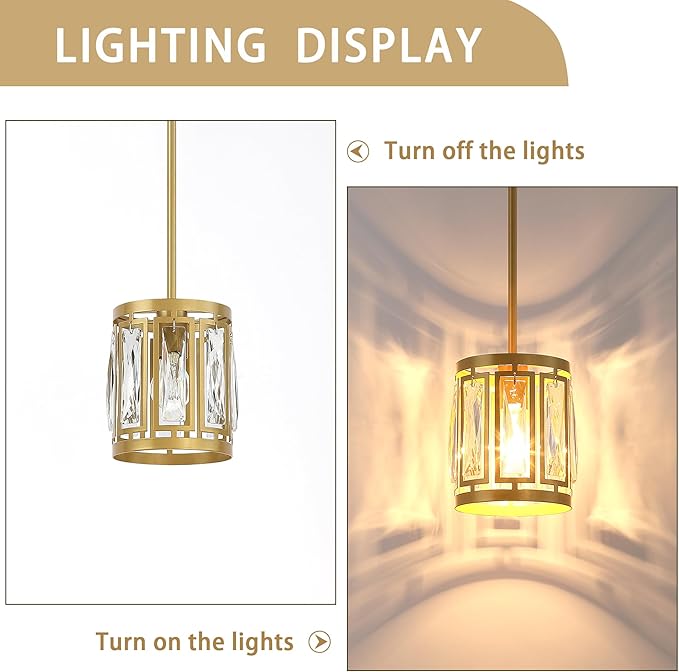 2 Pack Gold Pendant Lights Kitchen Island, Crystal Pendant Light, Adjustable Hanging Light Fixture for Dining Room, Living Room, Kitchen