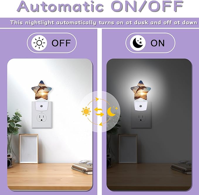 Dolphin Ocean Nightlights Plug in Wall,Sunset Decorative Star Lamp with Automatic Lighting for Living Space,Gentle Glow for Kids Room,Hallway,Bathroom