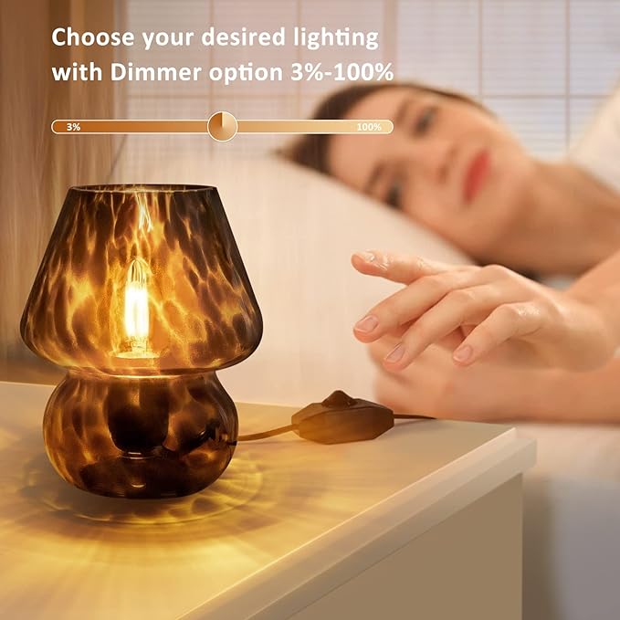 ONEWISH Mushroom Lamp Small Vintage Table Lamp for Bedroom Nightstand, Bedside Lamp Translucent Glass Stepless Dimmable, Murano Aesthetic Home Decor for Living Room Kitchen(Black)