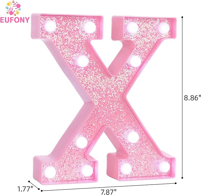 Pink Marquee Light Up Letters, Glitter Alphabet LED Letter Lights for Pink Birthday Party Decorations, Battery Operated Letter Sign for Girls Room Vanity Table Decor, Cool White Lights Letter X