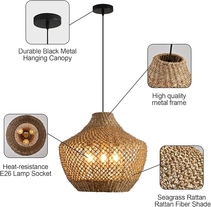 18.9" Rattan Pendant Light Fixtures,Boho Rattan Pendant Light 3-Light Hand Woven Seagrass Chandelier for Workplace Occasions Restaurants Dining Living Bedroom Kitchen Farmhouse