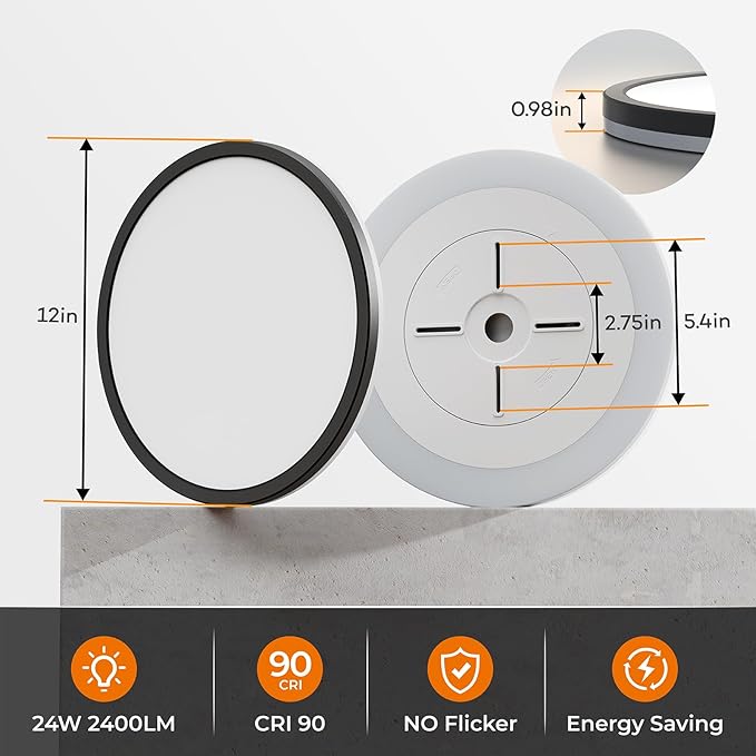 Matane 2Pack LED Flush Mount Ceiling Lights with Night Light, 12inch 24W Dimmable Ceiling Light Fixture 3000K/4000K/5000K Selectable, Black Flushmount Light for Bedroom, Kitchen, Laundry Room