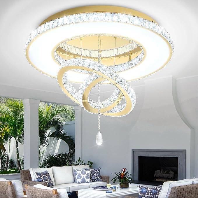 Flashing God Dia 32'' Modern Crystal Chandeliers for Living Room Crystal Flush Mount Ceiling Chandelier Large Chandeliers for Dining Room Bedroom Gold LED Dimmable 3000-6000K