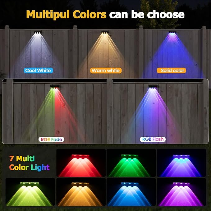 NIORSUN Solar Fence Lights,8 Pack Solars Deck Light,RGB Color,Outdoor Bulb Waterproof Led IP65,Power Patio Lamp with Lenses for Outside/Backyard/Railing/Yard(Black)