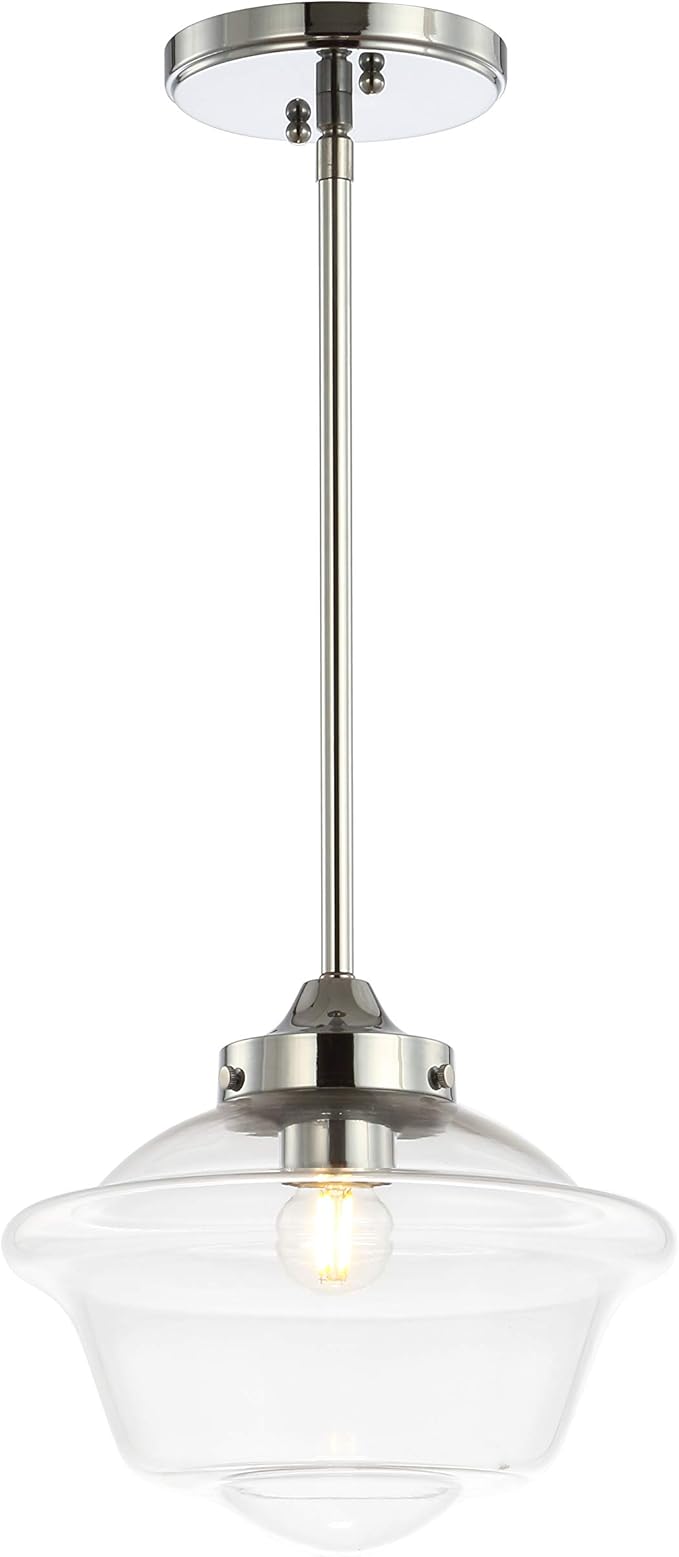 JONATHAN Y 9.5" Chrome Modern Schoolhouse LED Pendant Light Fixture, Adjustable Drop Metal Hanging Lamp with White Glass Shade for Kitchen Island, Dining Room, Foyer (JYL3517B)