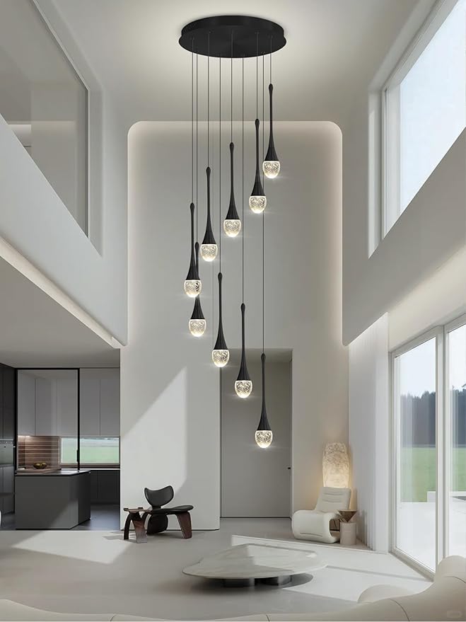 ykolupty 9-Lights Black Pendant Chandliers 100'' High Staircase Ceiling Chandeliers Crystal Bubble Raindrop Lighting Chandelier Ceiling Living Room Dimmable 2700-6000k LED Dining Lighting