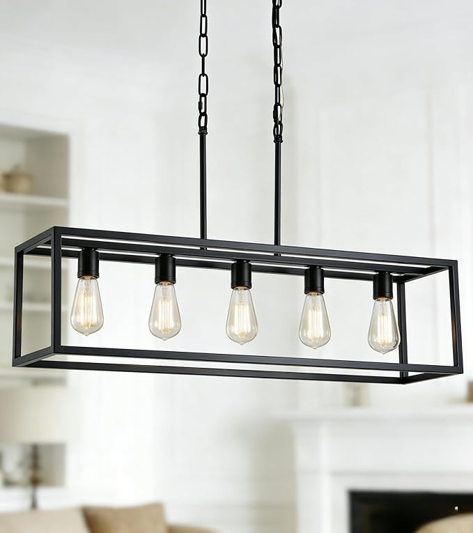 Black Dining Room Light Fixture,5 Light Rectangle Chandelier for Dining Room,Modern Farmhouse Light Fixture for Kitchen Island,Linear Light for Bedroom,Hallway,Foyer,Adjustable Height