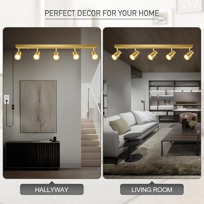 Track Lighting Plug in, 30" LED Track Light Fixtures Ceiling, Gold 5 Way Spotlight, Rotatable Head, Plug Wall Lights with 14.8FT Cord, Ceiling Lighting for Kitchen Hallway Bar(GU10, NO Bulb)