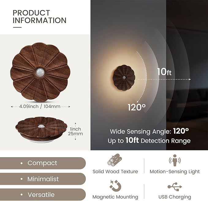 Motion Sensor Night Light Wooden Carved Flower Mini USB Rechargeable Stick-On Step Lights Magnetic Wall Lights for Hallway Bedroom Living Room Stair (2 Pack Black Walnut)