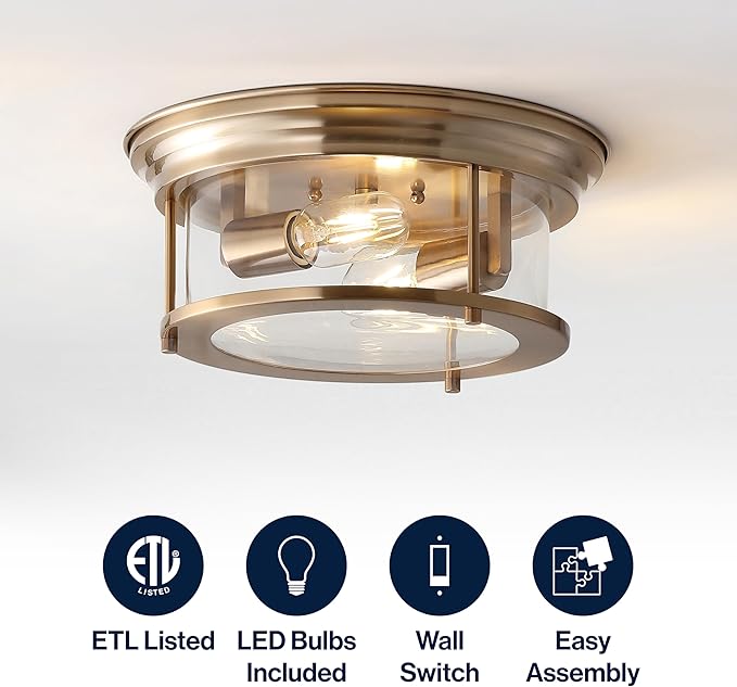 JONATHAN Y 13.25" Brass Gold 2-Light LED Flush Mount Ceiling Light Fixture, Modern Clear Glass Drum Shade, Industrial Farmhouse Lighting for Kitchen Hallway Bedroom JYL7446A
