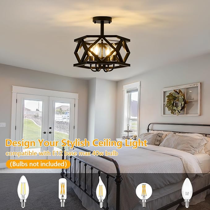 Black Semi Flush Mount Ceiling Light, Modern Foyer Lighting Fixture, 4-Light Metal Ceiling Lamp, Small Farmhouse Chandelier for Hallway Entryway Porch Bedroom Kitchen, E12 Base