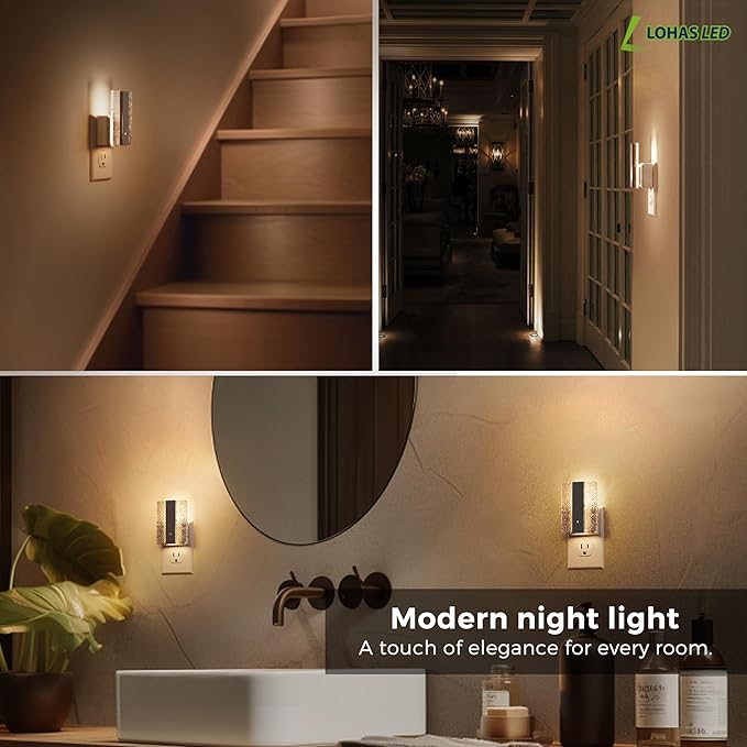 L LOHAS LED Night Lights Plug Into Wall, 2 Pack Night Light with Dusk-to-Dawn Sensor, Dimmable Decorative LED Nightlights, 0-100LM 3000K Adjustable Brightness for Bathroom, Hallway, Bedroom,Stairway