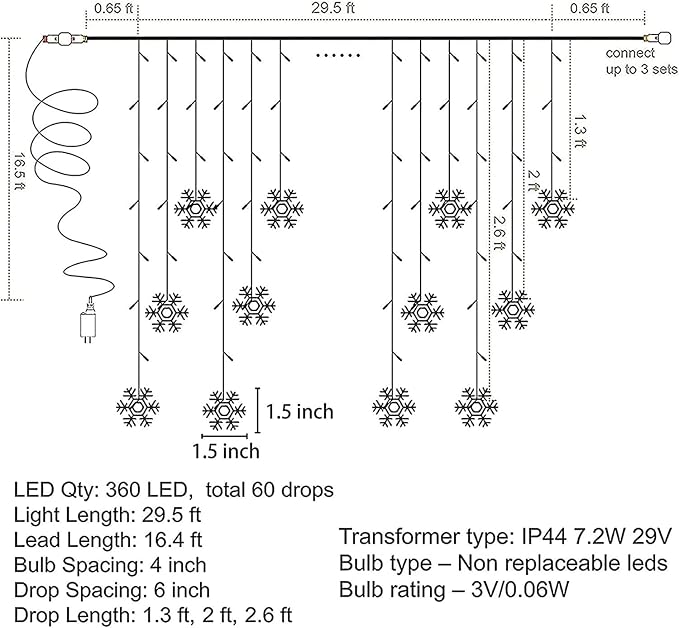 weillsnow 360 LED Icicle Christmas Lights with Snowflake, 29.5ft 72 Drops Connectable 8 Modes Waterproof Icicle Light Outdoor for Curtain, Eaves, Window, Christmas Decorations (Multi-Colored)