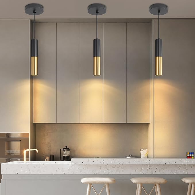 3 Pack Modern Black and Gold LED Pendant Lights, Minimalist Linear Hanging Light, 3 Color 2700K/4500K/6500K, Ceiling Mount Pendant Lamp for Kitchen Island, Dining Room, Bedroom, Bar, Cafe