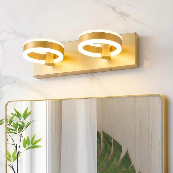 LED Bathroom Light Fixtures,15inch Gold Vanity Lights, Modern 2 Light Acrylic Wall Sconces, 350° Rotatable Wall Lighting Fixture Over Mirror