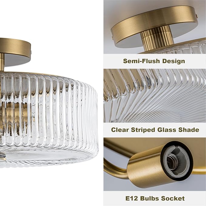 Mid-Century Modern Gold Semi Flush Mount Ceiling Light,3-Light Kitchen Ceiling Light Fixture with Clear Striped Glass Shades,for Bedroom,Hallway,Entryway (13.9 inch)