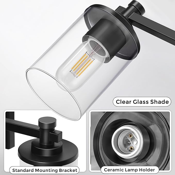 DORESshop 20 Inch Bathroom Light Fixtures, 3-Light Upgraded Matte Black Bathroom Lighting Fixtures Over Mirror with Clear Glass Shade, Vanity Lights for Bathroom Living Room Bedroom, ETL Listed