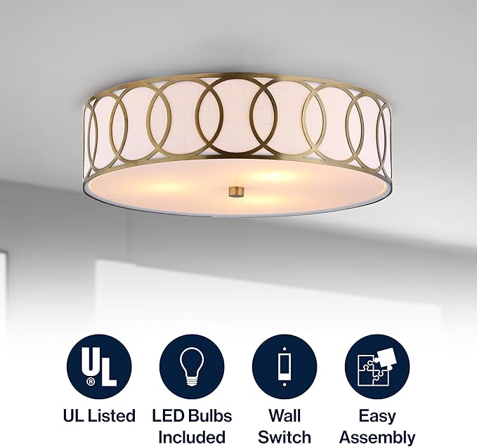 JONATHAN Y 15.5" Brass Gold Modern Metal LED Flush Mount Ceiling Light for Bedroom Hallway, White Linen Drum Shade with Geometric Fretwork, LED Bulbs Included (JYL3503A)