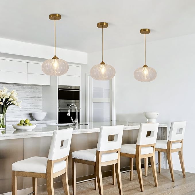 KCO Lighting Clear Ribbed Glass Pendant Light Vintage Brass Gold Pendant Lighting Large Globe Pendant Lights Kitchen Island Mid Century Modern Hanging Light for Living Room