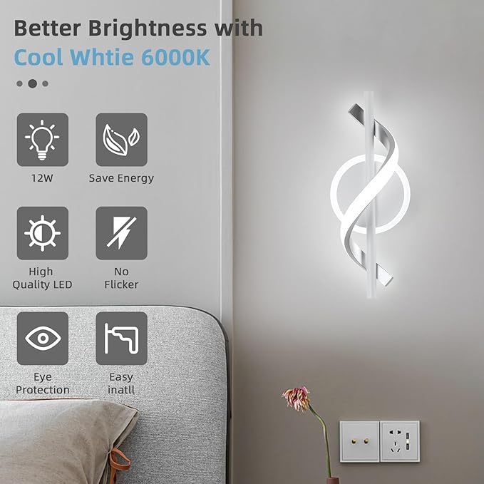 LED Wall Sconces Sets of 2, 12W LED Wall Lights, Modern Spiral Wall Sconces, Wall Lamps for Living Room, 6000K Cold White Wall Mount Light Fixture for Stairs Living Room Bedroom Aisle Hallway