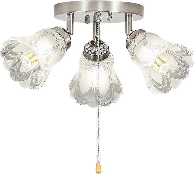 3-Light Flush Mount Ceiling Light with Pull Chain Clear and Frosted Glass Low Profile Lighting Fixtures for Kitchen Living Room Dining Room Closet (Brushed Nickel)