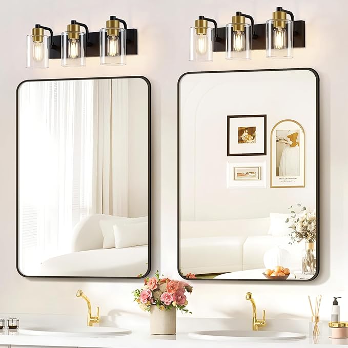 Dpyrrhic Bathroom Light Fixtures,Matte Black and Gold 3-Light Bathroom Lights with Clear Glass Shade,Modern Wall Sconces Over Mirror for Bathroom, Black&Gold, JD-188