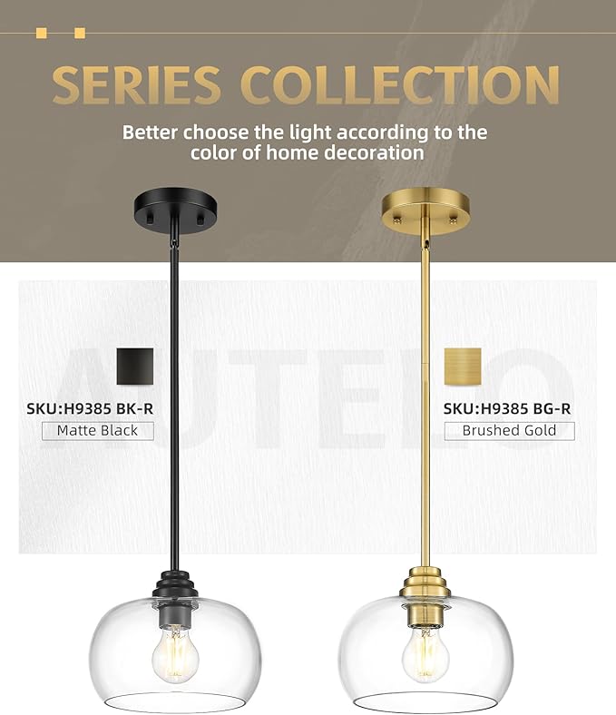 AUTELO Gold Pendant Lights, 1-Light Pendant Lights Kitchen Island in Brushed Gold Finish with Clear Glass, Vintage Pendant Light Fixtures, Gold Hanging Lights for Kitchen Island H9385 BG-R