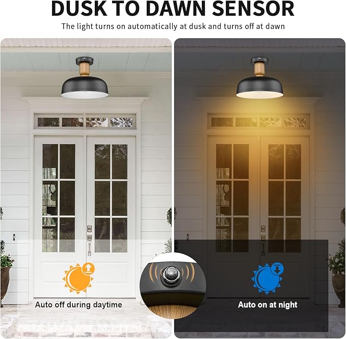 Darkaway Dusk to Dawn Industrial Semi Ceiling Light Fixtures, Flush Mount Indoor Outdoor Ceiling Light with Black Hammered Metal Shade Outdoor Porch Foyer Entryway