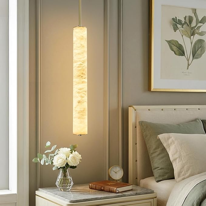LMQNINE Natural Alabaster Pendant Lights White Marble 24" Long Tube Adjustable Boom Chandelier Modern 3000K Gold Ceiling Light for Kitchen Island Bedroom Dining Room Living Room Hallway(M-1Pack)